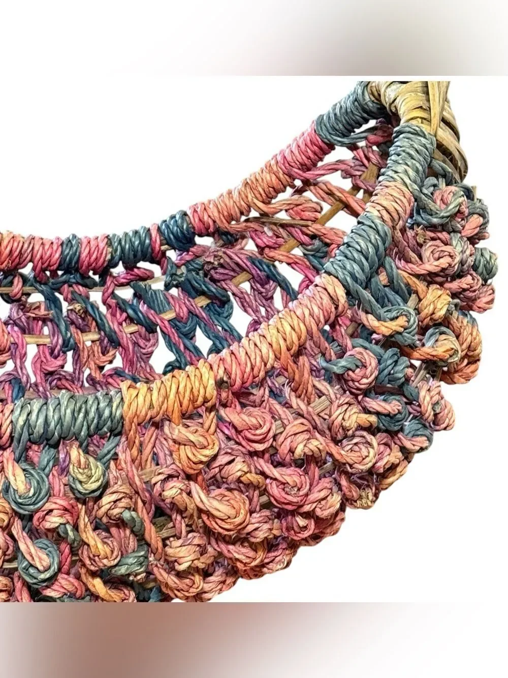 Large Colorful Woven Boho Boat Basket Pink Purple Teal and Tan 22” x 18” x 14”